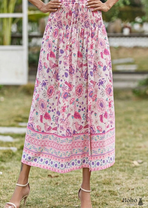 Boho Skirts in Smocked Waist, Bird Garden in Pink Purple For Women